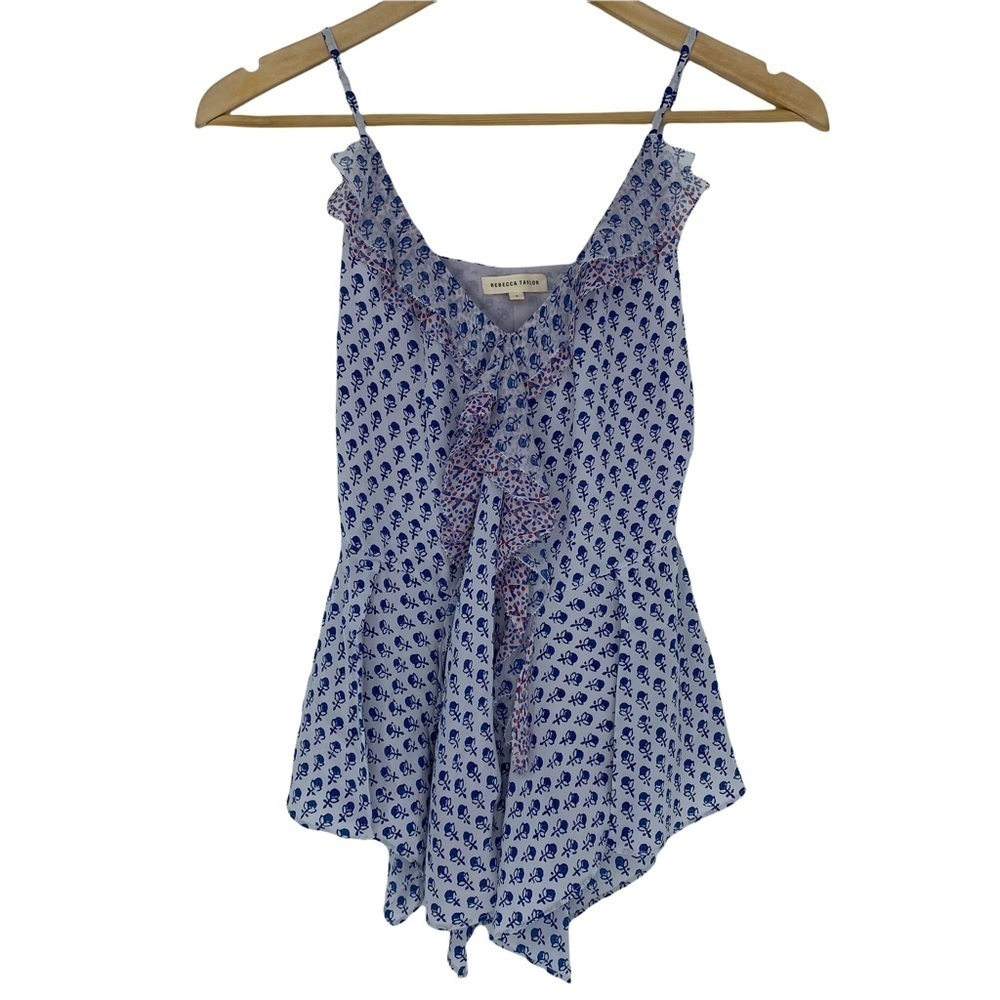 Rebecca Taylor 100% silk white & blue ruffled layered tank top blouse, S